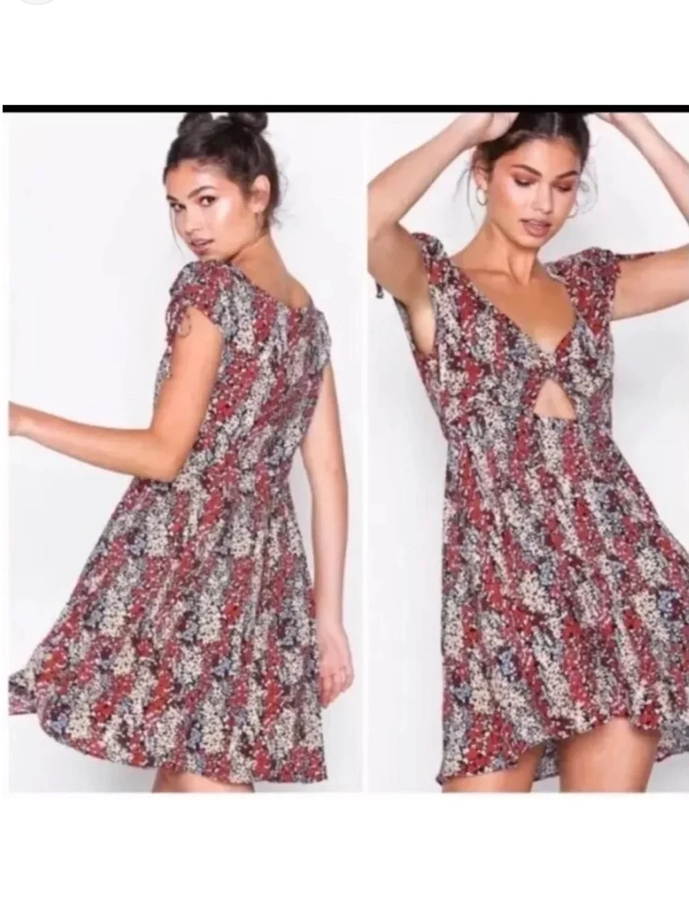 Free People Floral Cutout Mini Dress XS Boho Prairie Tie Sleeve Pockets